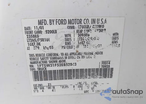 2002 Ford F-350 Lariat/Xl/Xlt z USA, uszkodzony, nr VIN 1FTSW31F52EB52843